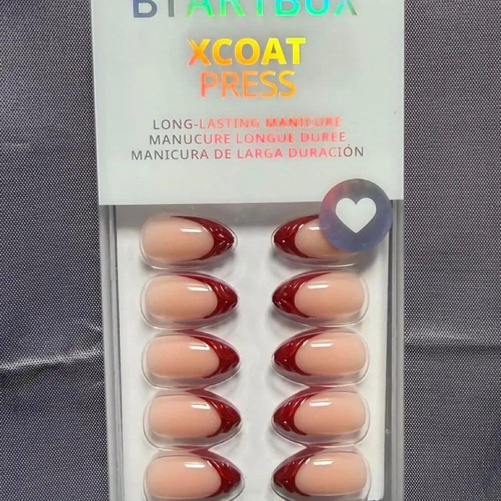 BTArtbox Press On Nails Lucky Stripe Short Almond Red French Tip 32Ct NEW